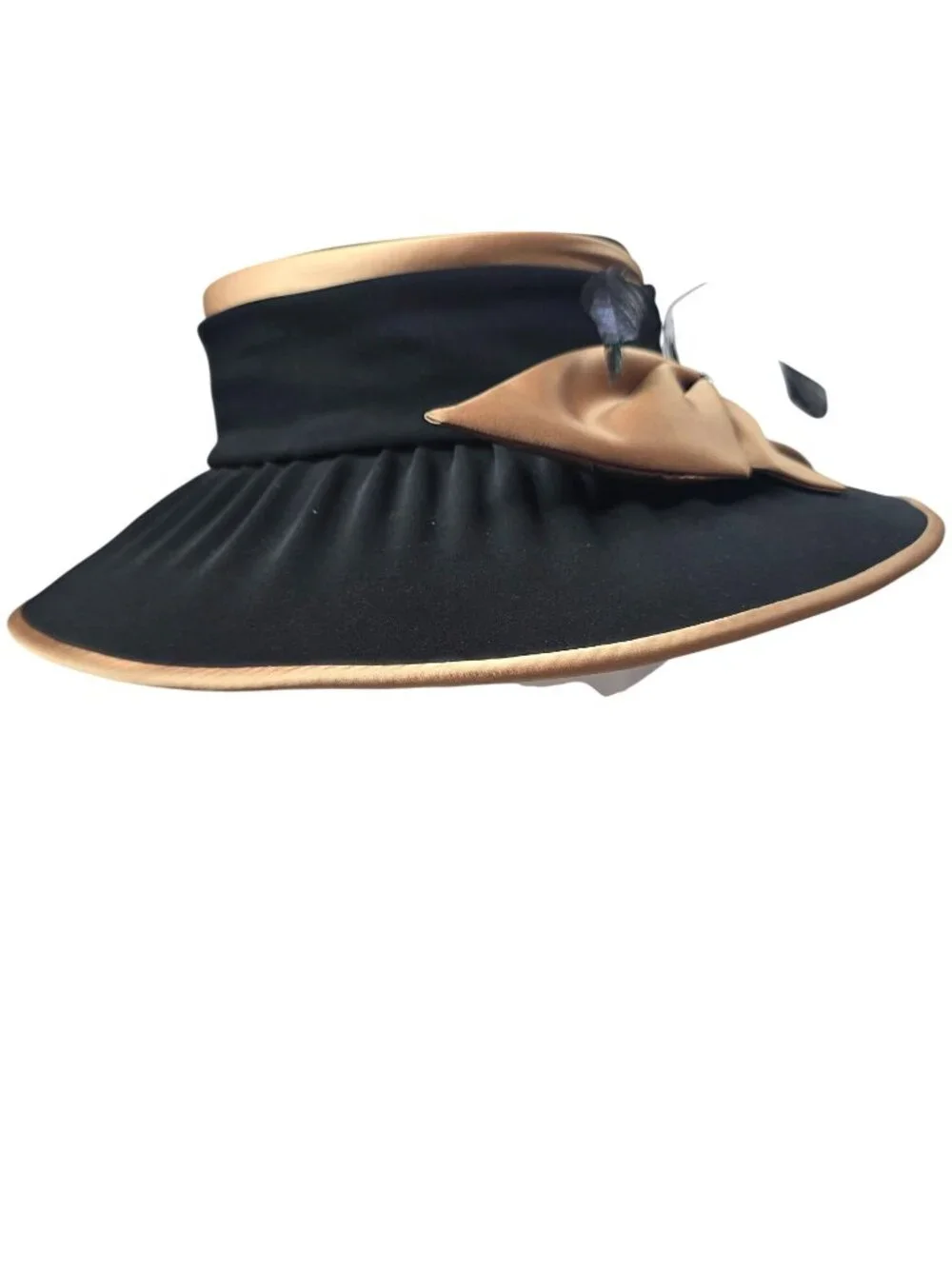 Wide Brim Black & Gold Hat With Satin Bow Feathers & Rhinestone Accent By Clara